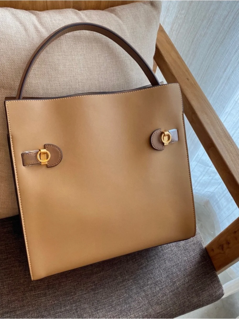 Tory Burch Tan and Brown Leather Top-Handle Satchel with Gold Hardware